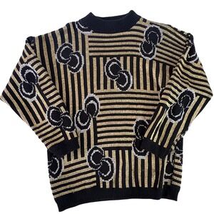 Vintage Kate Collins Black Gold Metallic Stripe Geometric Pattern Knit Sweater